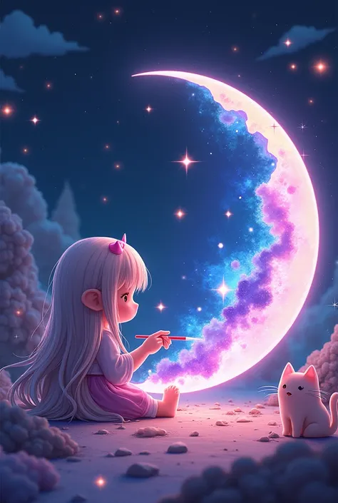 A fantasy artwork of a cute chilbi-style  with long, flowing hair sits in a thoughtful pose, holding a paintbrush and painting a mesmerizing crescent moon from a cosmic substance. The inner side of the moon is a captivating blend of deep blue, purple, and ...