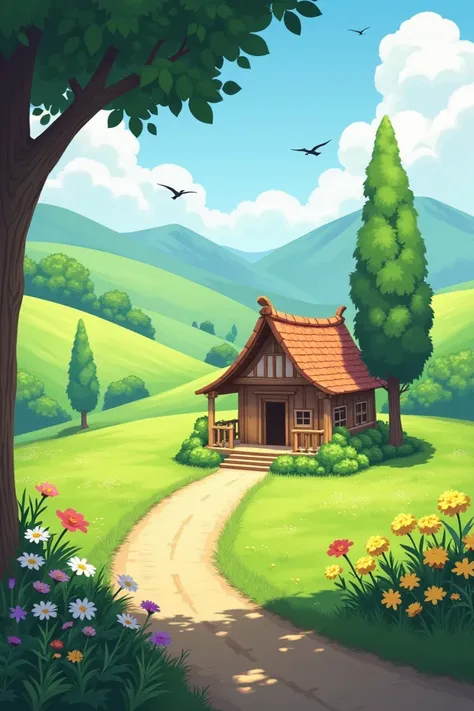 A peaceful green field surrounded by rolling hills.
A single small, cozy house made of wood with a thatched or tiled roof.
A dirt path leading to the house, lined with wildflowers.
A few tall trees casting gentle shadows, with birds chirping in the backgro...