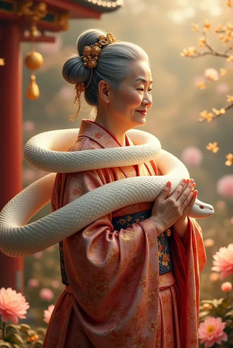 (( best quality))、((masterpiece))、( Details)、 with gray hair neatly bundled back 、 wearing a traditional kimono richly embroidered with gold 、 A wise elderly Japanese woman 、 holds a majestic white snake behind her 。 This snake symbolizes wealth and prospe...