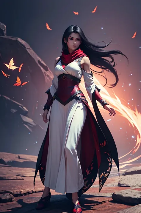 4K anime style quality, digital drawing mode, a mesmerizing female ninja with shoulder-length black hair, deep crimson eyes, dressed in a white and red ninja outfit with flowing scarf-like sleeves, standing in a moonlit forest surrounded by illusory butter...