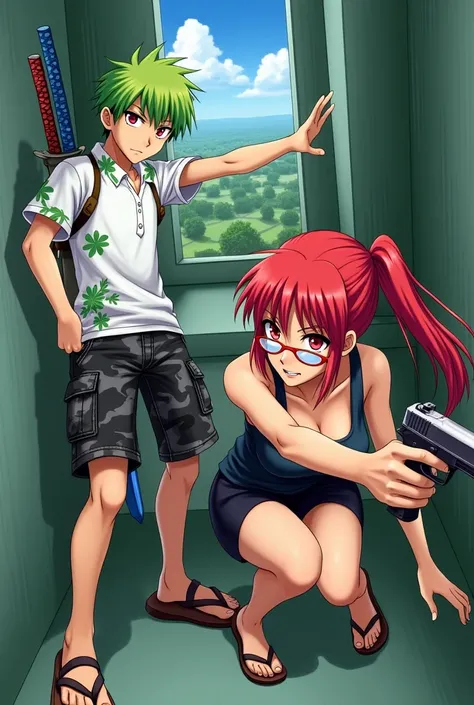 Male , Missy short hair green color ,white polo with green flowers ,have red eyes ,wearing flipflop, black short gray camo, katana blue handle on his back. Female sexy secretary ,red hair ponytail,shoes,red eye with eye glasses, holding pistol. Crouching a...