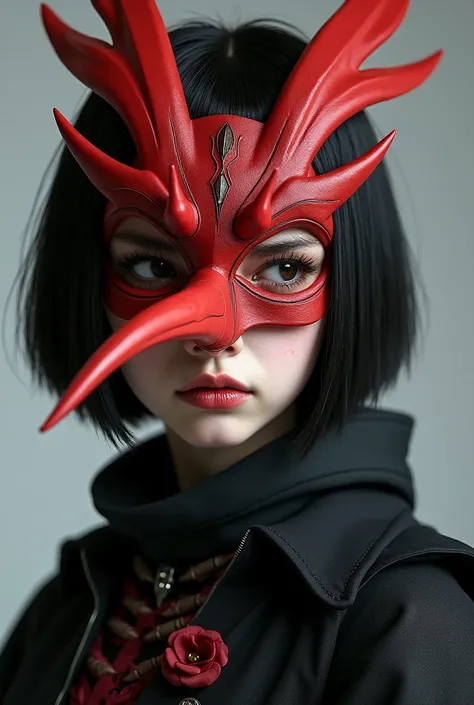 Young people.  Pottery skin . Hair black as night.  thick eyebrows.  looking sideways.  wears a mask of a red, long-nosed tengu. Shorthair in black armor .  white skin. 