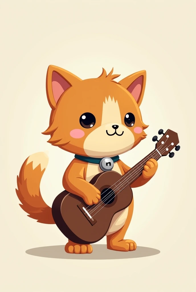 Create a cat character with a bell tied around its neck and the cat is brown in color and the cat has a guitar in its hand and the cats name is buddy.Simple background, Animal Ears, 