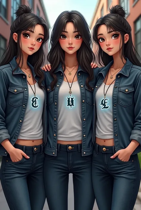 3 girls like twins
Black denim and a white shirt with a denim jaket
3 magical nekalces
Behind a school
18 years old