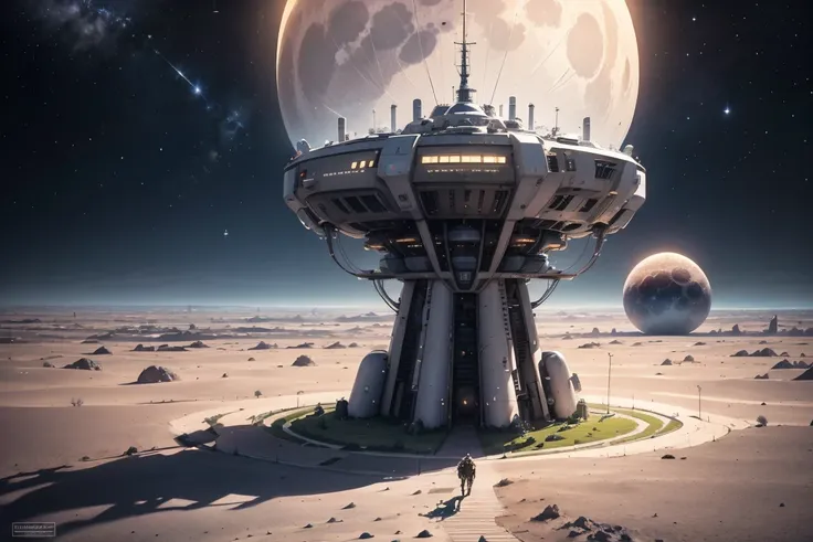 a highly detailed, photorealistic, 8k, intricate and complex sci-fi landscape, a futuristic moon base on the surface of the moon, with an expansive cosmos in the background featuring stars, planets, and a beautiful, cool-toned galaxy