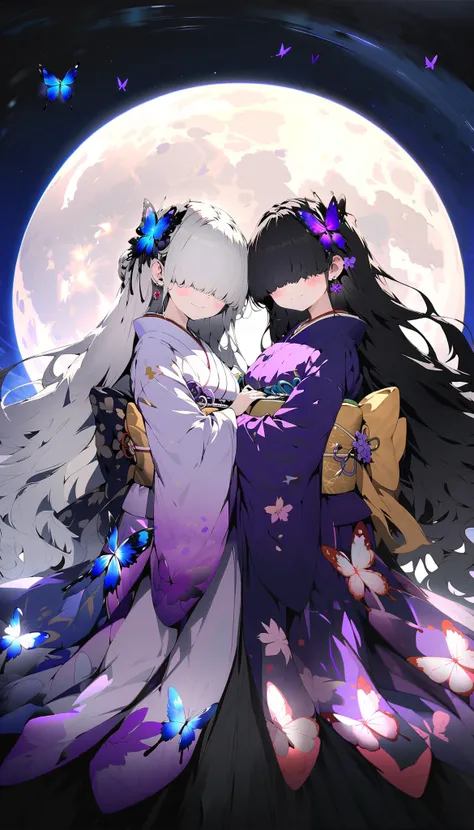 2girls, (twins:1.5), long hair, black hair, looking at another, blush, smile, medium hair, white hair, closed mouth, jewelry, (full body:2.0), outdoors, earrings, japanese clothes, hair flower, (hair over eyes:2.0), sash, obi, bug, animal print, night sky,...