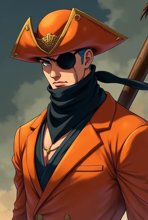 man,  anime with orange dress , shaved hair ,  orange pirate hat,  eye patch ,   black bandana on face 