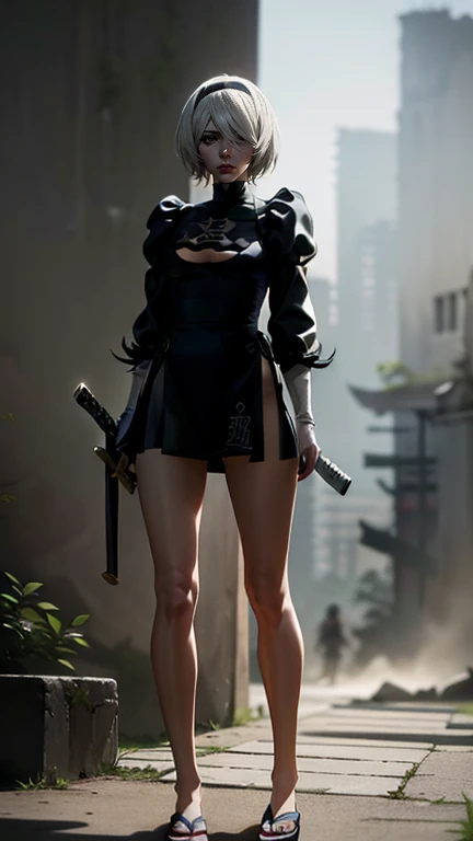 （Real 16k, Realistic Details ）,  holding a Japanese sword...,  black miniskirt , (Nierオートマタをベースにした) 、（ Perfect Body Standing in a Beautiful Pose Its there, Perfect Girl ）, perfect detail, Ultra HD 8K,  professional photos,Style 2B , 非常に Details (Very beaut...