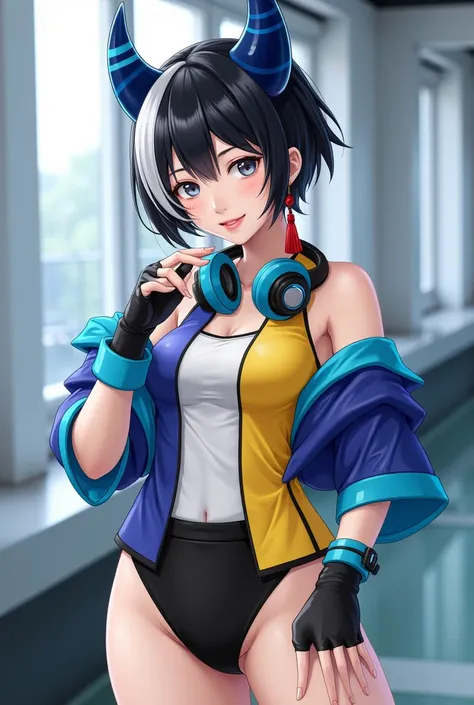 ((HONKAI STAR RAIL, ((Honkai Star rail artstyle)), Adult woman body, ((full body)), ((black short hair)), ((white and blue stripe on the bangs)), ((Tomboy girl)), ((Navy blue long oni horn in the forehead)), ((Futuristic and Classical Outfits)), ((Headphon...