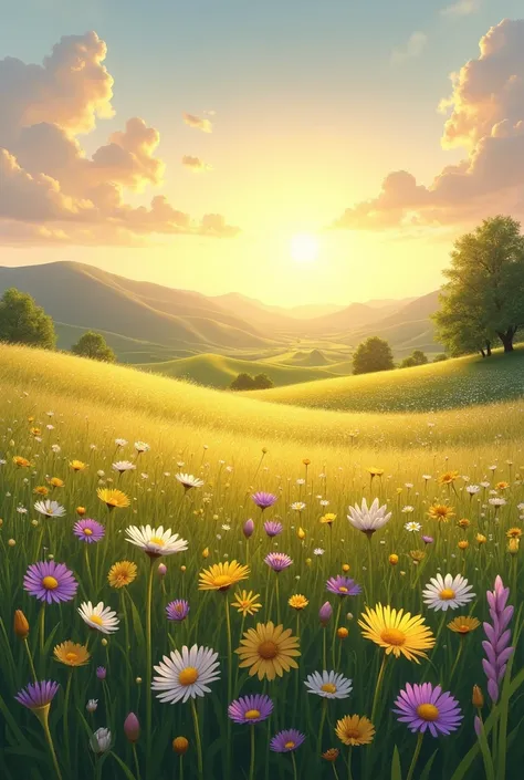 A vast, sunlit meadow stretching endlessly, dotted with wildflowers in shades of yellow, purple, and white. In the distance, there are rolling hills and a few scattered trees. The sky above is a mix of soft blue and lingering orange from the sunset, with f...