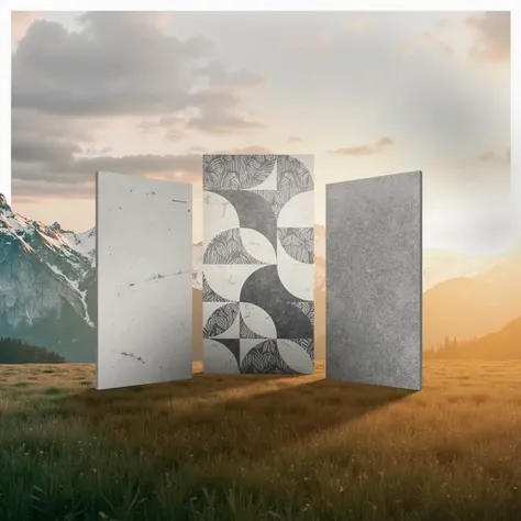 Create a serene outdoor setting with rolling hills and a mountain range in the background, under a soft, cloudy sky to evoke a peaceful ambiance.

Central Focus:

Position three large ceramic tiles in the foreground, each standing upright at different angl...