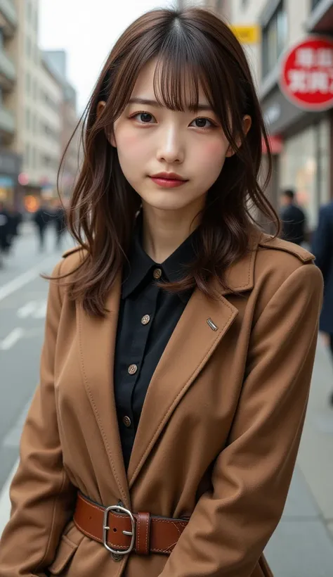 A shot from afar of beautiful Japanese woman. Head positioned with ample space above, full-body figure visible. Large breasts:1.5. wearing stylish autumn clothing, in the city, extremely detailed skin, small head, cute face, brown straight hair:1.21, neatl...