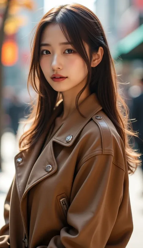 A shot from afar of beautiful Japanese woman. Head positioned with ample space above, full-body figure visible. Large breasts:1.5. wearing stylish autumn clothing, in the city, extremely detailed skin, small head, cute face, brown straight hair:1.21, neatl...