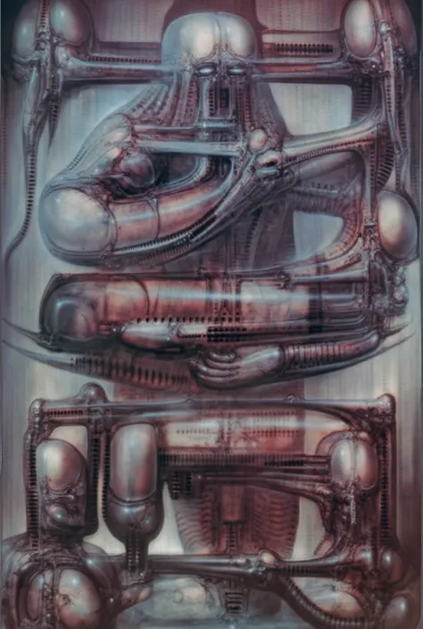 H. R. Gigers g1g3r, , Giger_style, H. R. Gigers g1g3r, , Giger_style, The image is a detailed view of H.R. Gigers " Aleph (work 210) " plate, featuring   vault (best quality:1.4), astronaut(best quality:1.4), which appears to be an extraterrestrial. By gig...