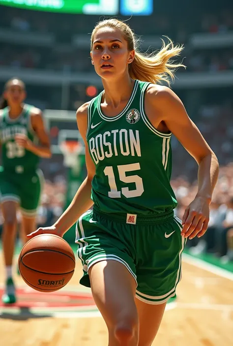 Boston Celtics basketball court blonde woman with tied hair wearing green tank top with number 15  escrito mayer 