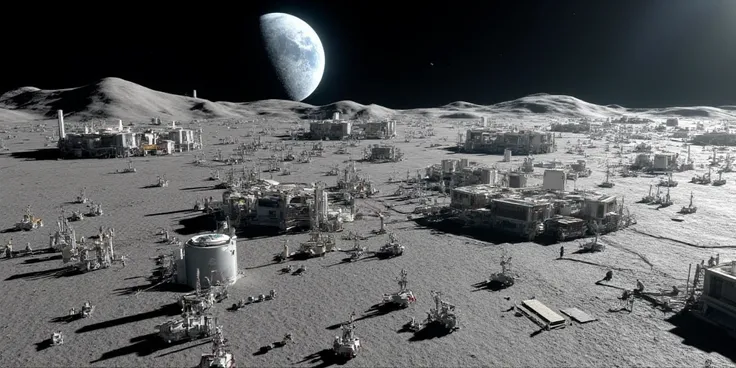  multiple massive lunar bases、 robot 、Massive lunar surface base from the multiple of the landing base 、Lunar Rover、 solar facility 、Spaceport、cargo spacecraft 、Real Photo、 high definition、crater、Earth、 Expansive Scenery 