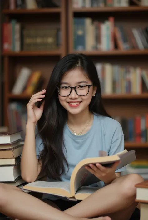 A cute Thai high school girl wearing glasses, surrounded by open books in a cozy library, sitting cross-legged on the floor, soft lighting, studious and charming, (8k, RAW photo, best quality, masterpiece:1.4),realistic
