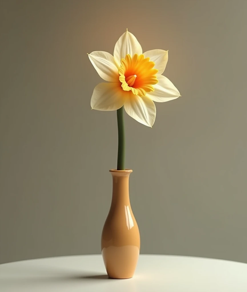 The petals are white ,  The surgery turns an apricot-colored Narcissus flower into a candle,  in a thin, long ceramic vase, but only put one. 