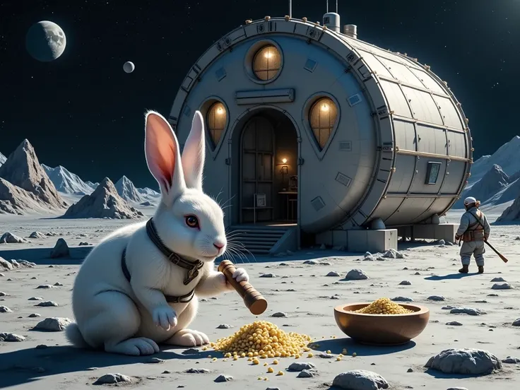 SF,科学的な未来のMoon base,(Moon base, Rabbits Who Live on the Moon , A large building showing living quarters and passageways,Earth is one ),Future Technology,The world on the surface of the moon where the rabbit lives,(Rabbits are making mochi with a pestle and...