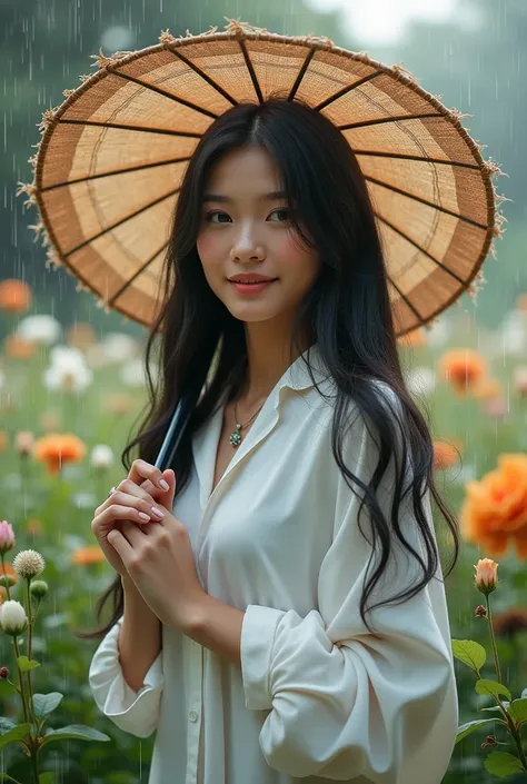 A beautiful Indonesian woman, long black hair, wearing a white shirt, is under the rain, wearing a seed umbrella, in the flower garden