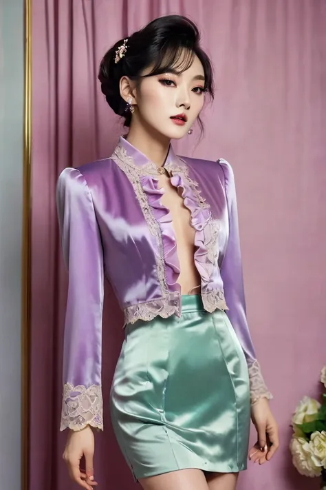 A Korean man in ladies vintage suit dress, he is crossdresser, body like a woman, big breasts like a woman, slender female body, His hairstyle is short and manly, light purple, long sleeves, satin, short jacket, tight skirt, Rich lace and frills, silk