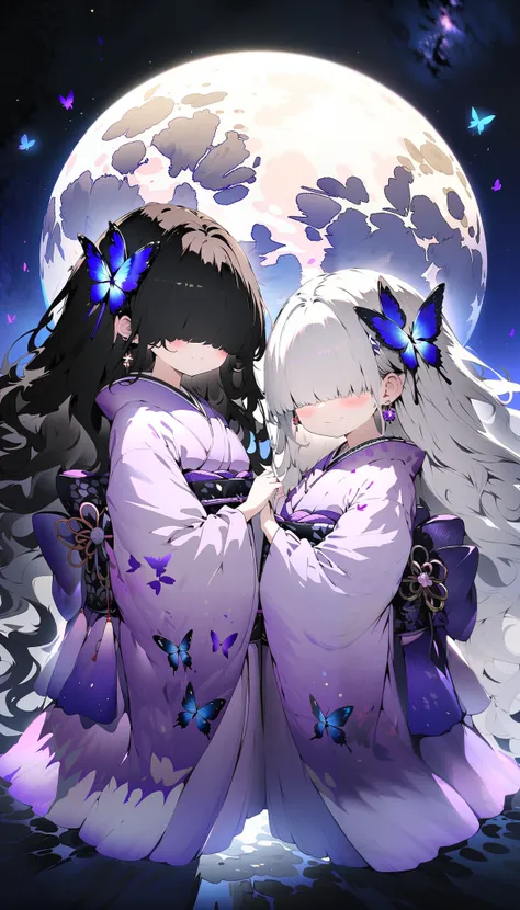 2girls, (twins:1.5), long hair, black hair, looking at another, blush, smile, medium hair, white hair, closed mouth, jewelry, (full body:2.0), outdoors, earrings, japanese clothes, hair flower, (hair over eyes:2.0), sash, obi, bug, animal print, night sky,...