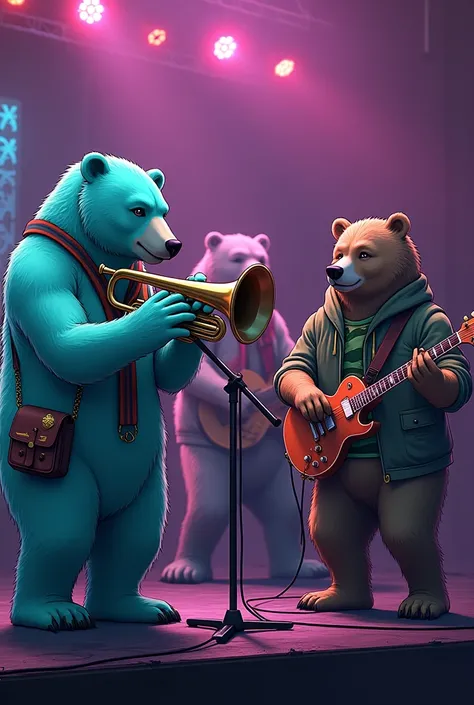 Anime: Mobster Electronic band with teal polar bear playing brass trumpet, camo green Kodiak bear playing metal guitar, and gray grizzly bear playing xylophone 