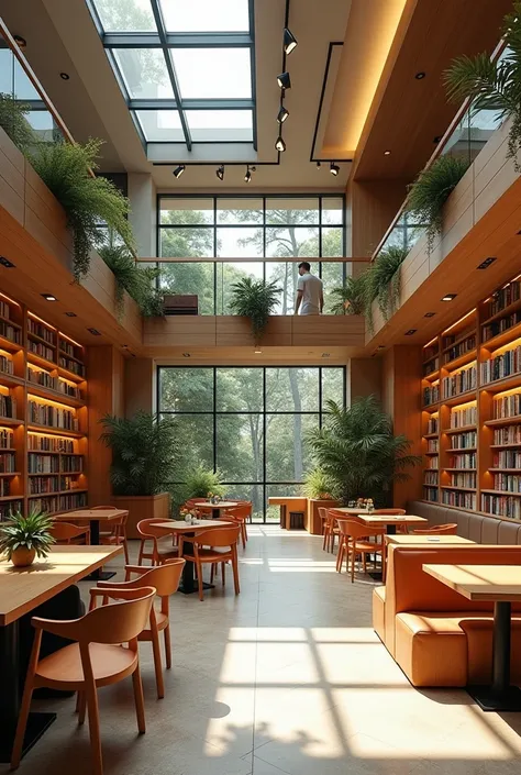 A comfortable and modern and aesthetic separate cafeteria and bookstore with an area for coffee and another for reading