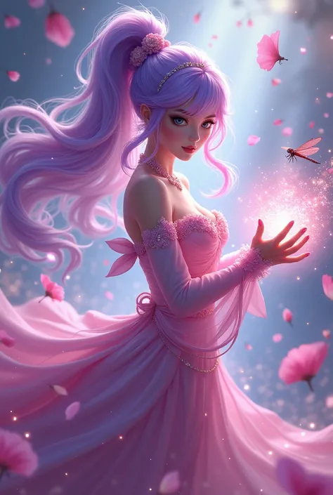  League of Legends　female　singer　Sheep&#39;s horn　 ponytail　 bushy hair 　The light shines　 glitter　 magic attacking with flowers 　Magic from your hands　 hair is light purple 　Eye color is gray 　Idol Costumes　battle　Dragonfly