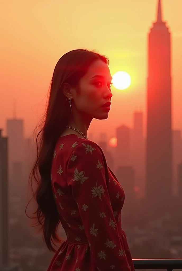 a woman standing in front of a city skyline with a sunset in the background, overlaid with chinese adverts, taken in 2 0 2 0, chinese empress, luminar ai, youtube video screenshot, overlaid with chinese text, gemma chen, sha xi, still from a music video, g...