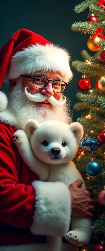  A picture of a cheerful Santa with a white beard and mustache , wearing glasses .  Hes holding a cute ,  extra cuddly white bear cub close to his chest . In the  experience ,  there is a festive Christmas tree adorned with colorful balls ,  red ribbons , ...