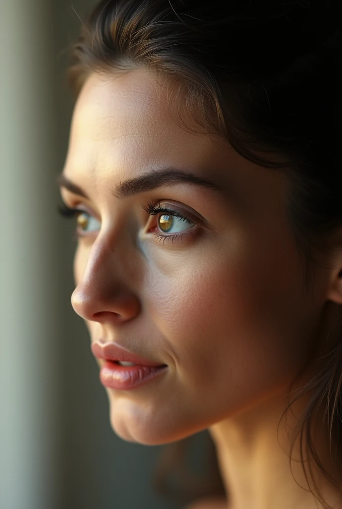 Close-up portrait of a woman in her 50s attractive and in profile but looking at me