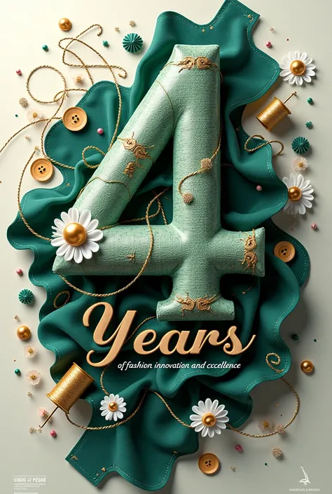 "Create a visually stunning and artistic 4th anniversary green themed poster for a readymade garments company. The poster should blend fashion with celebration, featuring iconic clothing items like t-shirt, polo shirt, trouser, and casual wear shape like 4...