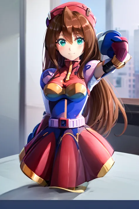 iris_megamanx, 1girl, solo, android, long hair, brown hair, hat, green eyes, white gloves, beret, upper body, high quality, mast...