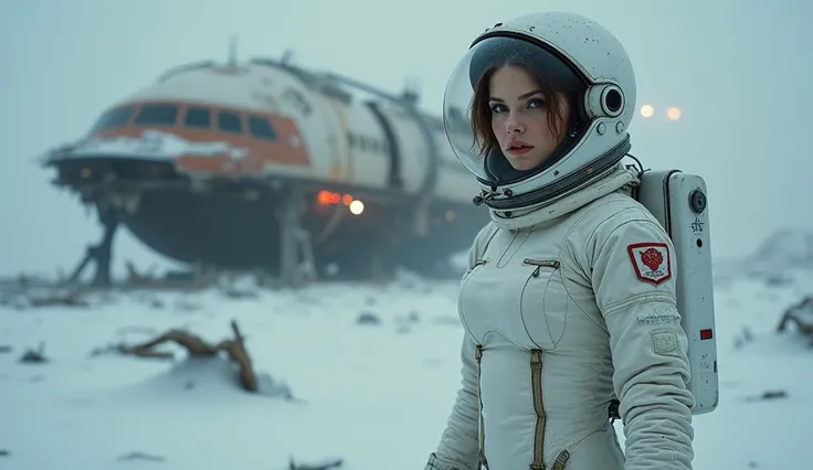 (screenshot from an 80s movie, shot on VHS), full body, sexy pretty girl with very short hair and big boobs in a sexy white spacesuit. On her head is a white detailed space helmet with glass. She looks at the camera. The background is  исследовательского к...