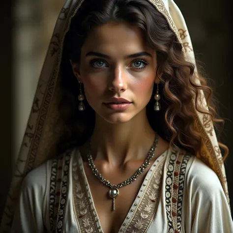 Create an ultra-realistic image of this Israeli woman. she is extremely beautiful. Put on a very old and modest dress.