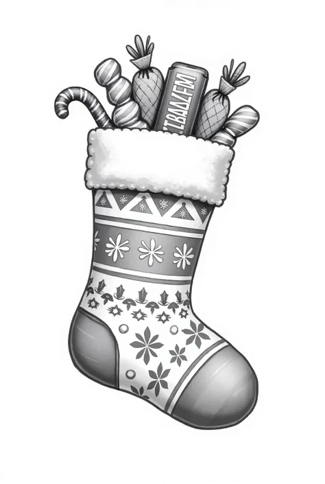 a Christmas sock with a symmetrical pattern on it. The sock contains a caramel Christmas stick, a candy bar, wrapped candies.  Only outline of the drawing, black and white, hd quality. No blur