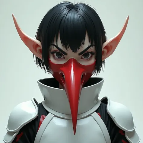 Young people.  Pottery skin . Hair black as night.  thick eyebrows.  looking sideways. He wears a red, long-nosed tengu mask on his face. Shorthair in black armor .  white skin. 