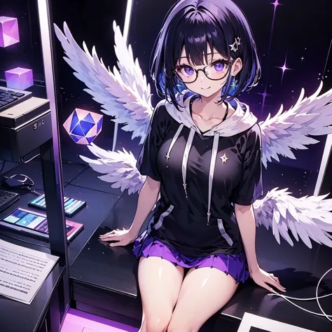 solo1.8、 High Quality、Birds-eye view from above composition 1 .7、Seiko no Hand 1 .5、 black bob cut、 sitting on the purple cube in front of the monitor 、black simple hoodie and purple mini skirt 1.6、 Fleshy Thighs 1 .3、 with a silver light cube floating in ...