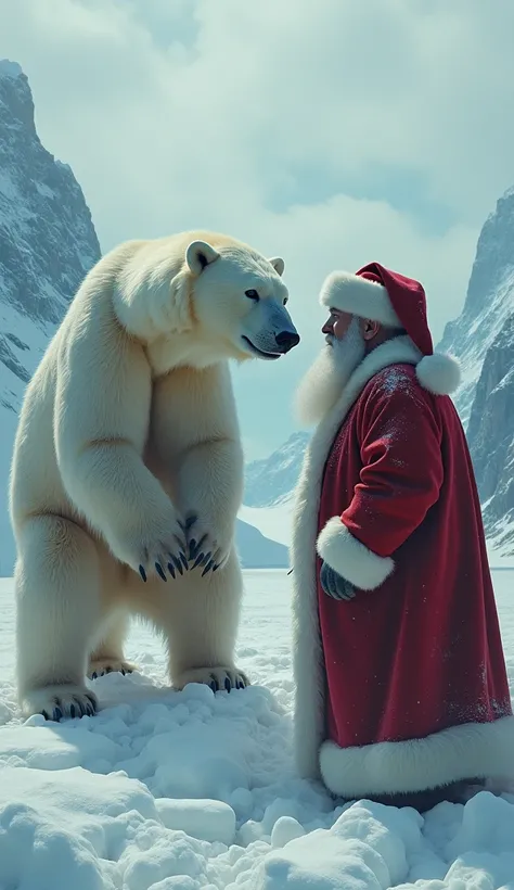 Give it a hyperrealistic , Foto realista ,  cinematic style image in 4k of a polar bear  looking face to face with Santa Croz 
