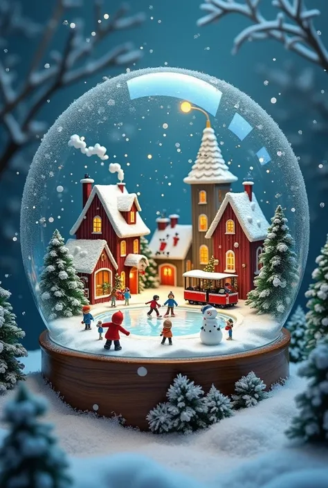 A small town inside a giant snow globe. As the globe is gently shaken, snowflakes of glitter and tiny, glowing crystals swirl around. Families are ice skating on a frozen pond at the center of the town, while ren build snowmen that magically come to life. ...