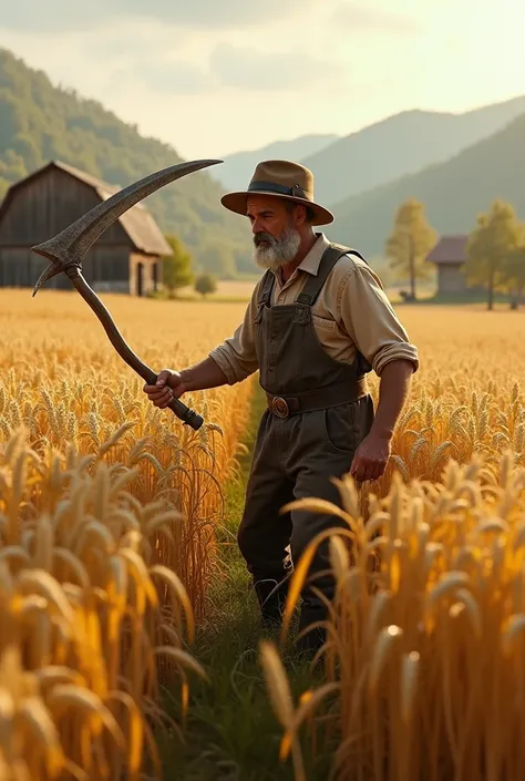 Generate me a photo of a farmer
 using a scythe to harvest crops 
