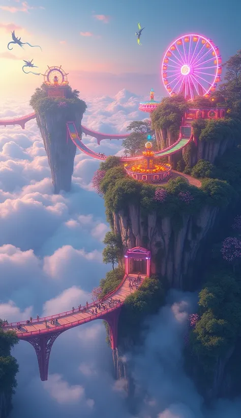 A series of lush, floating islands high above the clouds connected by glowing rainbow bridges. On one island, ren are flying kites shaped like dragons and phoenixes. Another island features a carnival where people ride on Ferris wheels made of giant flower...