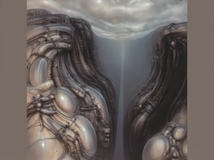 H. R. Gigers g1g3r, , Giger_style, H. R. Gigers g1g3r, , Giger_style, The image is a detailed view of H.R. Gigers " Landscape X " plate, featuring deep and dark valley formed by living tissue.
(Giger learned that the earth was a body, as in a living organi...