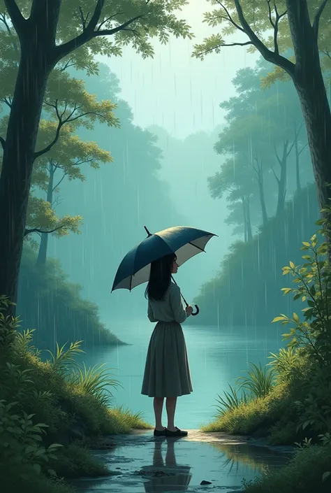 A alone girl stand with umbrella in a rainy day with a beautiful nature see in back 16k 
