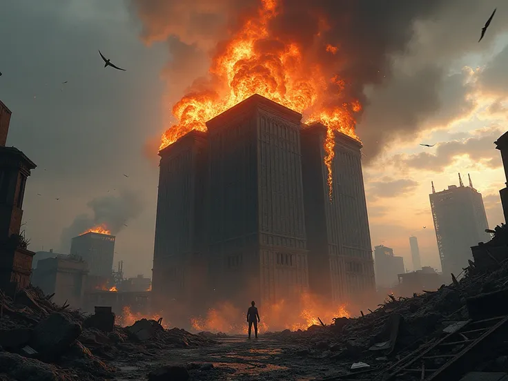 Roof of a destroyed high-rise building, on fire