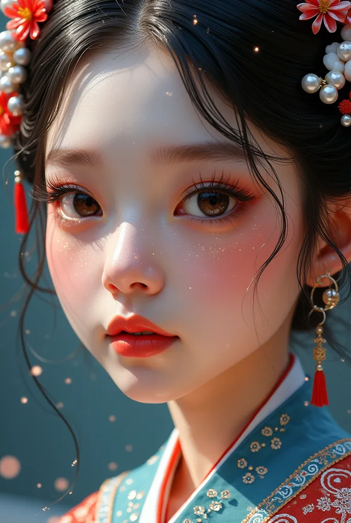 peking opera huadan，three-dimensional， artist sargent's colors ，extreme close up ， headshot close-up ，pov perspective ，soft ligh...