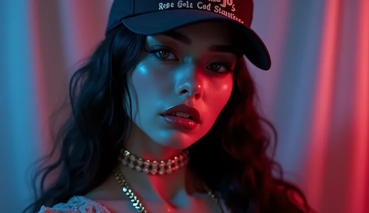 surreal Long-haired black close up flaying old fashion mid close up sexy body with black AJO Gold chain with diamond in her neck wearing a cap writing AJO rose gold stainless, blue and red light, Rapping with 111bpm beat count
