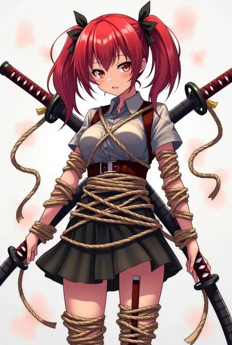 anime girl with red hair tied up in a harness, marin kitagawa fanart, katanas strapped to her back, twintails, by Shingei, kantai collection style, zerochan art, gapmoe yandere, female protagonist 👀 :8, wrapped in leather straps, ribbon in her hair, strang...