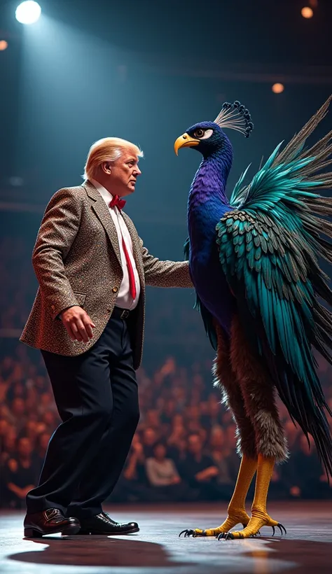 On a talent show stage, a man resembling Donald Trump performs energetically in a unique, vibrant costume adorned with sequins, feathers, and bold accessories.opposite him a bird of similar height to him. The bird is a fantastical fusion of an eagle and a ...